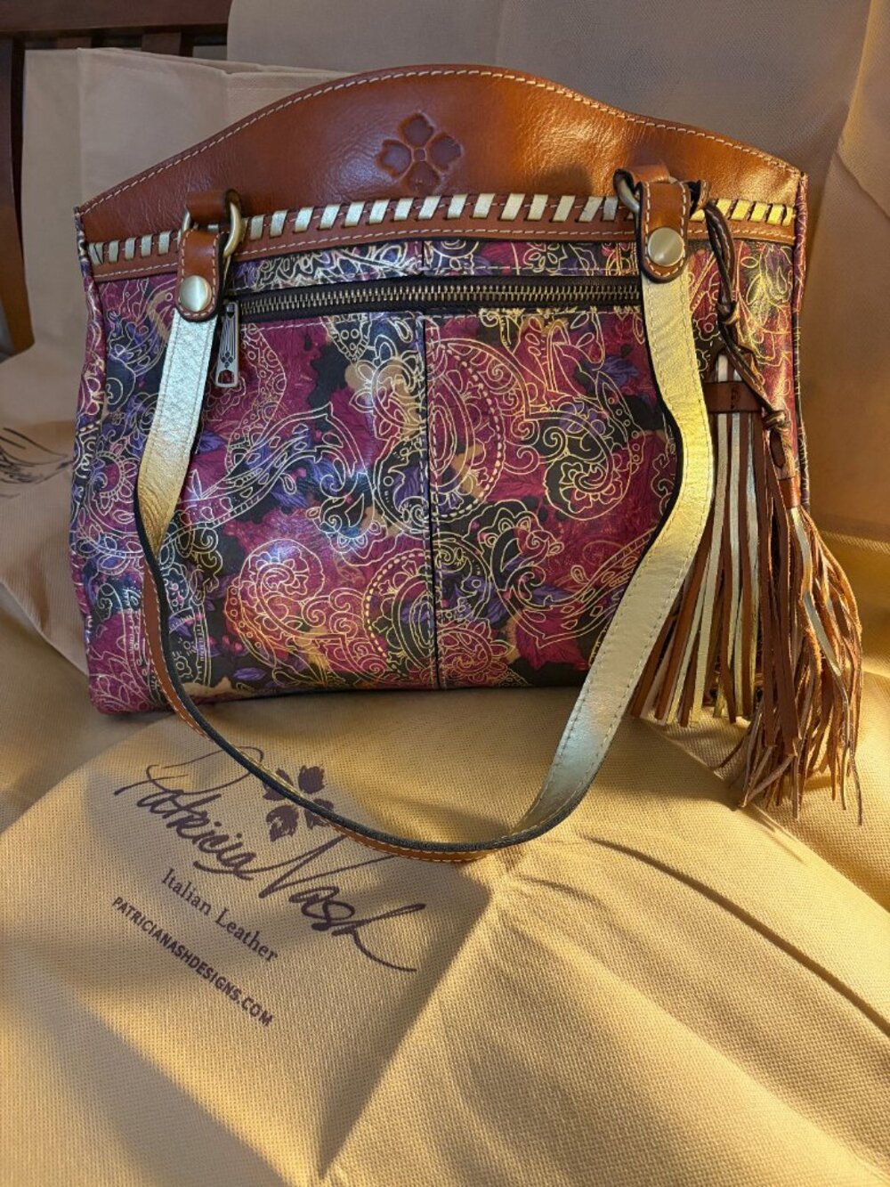 Patricia Nash Poppy Tote Metallic Gold Paisley Print Leather Shoulder Bag Tassel